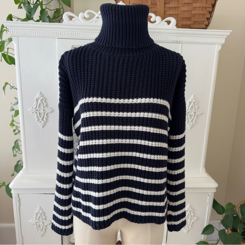 Faithfull The Brand Erika Navy and White 
Striped Cotton Turtleneck Sweater
